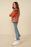 GY8435 Rust Girls Padded Floral Print Ruffled Corduroy Vest Side