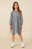 GY8442 Blue Girls Button Detail Peter Pan Collar Plaid Dress Pose