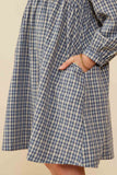 GY8442 Blue Girls Button Detail Peter Pan Collar Plaid Dress Detail