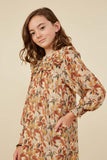 GY8443 Taupe Girls Ruffle Detail Foliage Print Dress Side