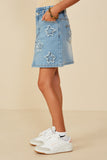 GY8477 Mid Denim Girls Distressed Star Patched Paper Bag Denim Skirt Side