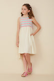 GY8488 IvoryGirls Textured Knit Tank With Botanical Skirt Mix Media Dress Full Body