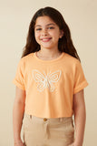 GY8533 Peach Girls Butterfly Embroidered French Terry Knit Top Detail