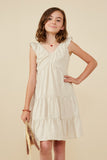 GY8595 Oatmeal Girls Heathered Linen Look Smocked Back Tank Dress Front