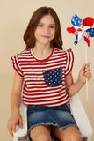 GY8620 Red Girls Star Pocket Striped Knit Ruffled Knit Tank Front