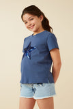 GY8621 Navy Girls Sequin Star Patch Knit T Shirt Pose