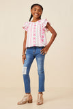 GY8625 Pink Girls Botanical Embroidered Layered Ruffle Top Pose