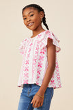 GY8625 Pink Girls Botanical Embroidered Layered Ruffle Top Side