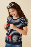 GY8629 Navy Girls Contrast Bow Detailed Striped Knit T Shirt Front