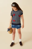 GY8629 Navy Girls Contrast Bow Detailed Striped Knit T Shirt Pose