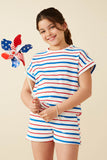 GY8636 Red Mix Girls Multi Stripe Dolman Terry Knit Top Front