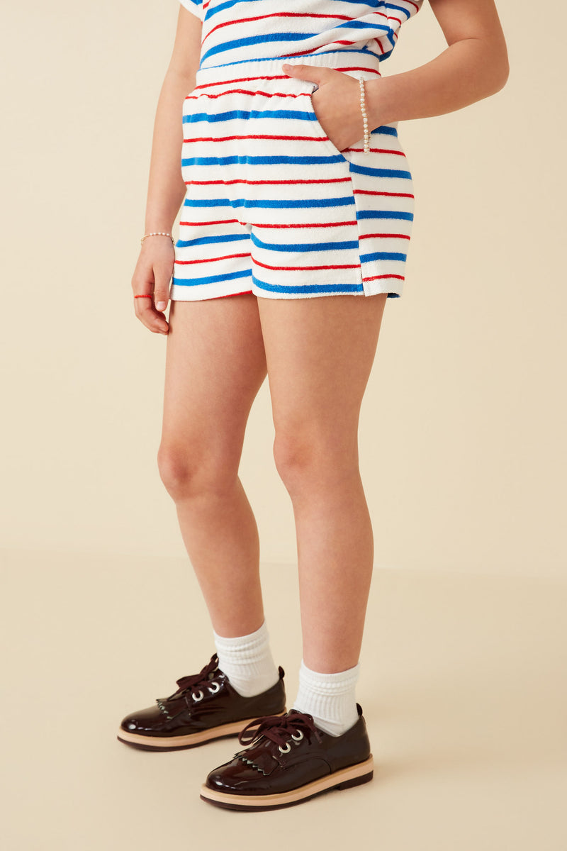 GY8637 Red Mix Girls Multiple Stripe Elastic Waist Terry Shorts Detail
