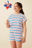 GY8637 Red Mix Girls Multiple Stripe Elastic Waist Terry Shorts Side