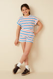 GY8637 Red Mix Girls Multiple Stripe Elastic Waist Terry Shorts Full Body