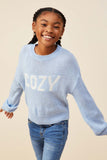 GY8645 Blue Girls Cozy Graphic Knit Pullover Sweater Front