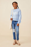 GY8645 Blue Girls Cozy Graphic Knit Pullover Sweater Pose