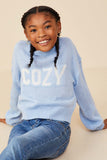 GY8645 Blue Girls Cozy Graphic Knit Pullover Sweater Front 2