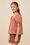 GY8662 Rust Girls Botanical Embroidered Tie Sleeve Top Side