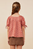 GY8662 Rust Girls Botanical Embroidered Tie Sleeve Top Back