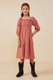 GY8663 Rust Girls Botanical Embroidered Peasant Sleeve Dress Front