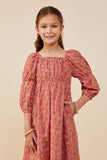 GY8663 Rust Girls Botanical Embroidered Peasant Sleeve Dress Front 2