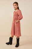 GY8663 Rust Girls Botanical Embroidered Peasant Sleeve Dress Side