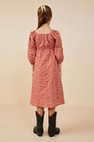 GY8663 Rust Girls Botanical Embroidered Peasant Sleeve Dress Back