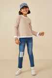 GY8699 Taupe Girls Layered Look Ribbed Knit Top Pose