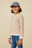 GY8699 Taupe Girls Layered Look Ribbed Knit Top Side