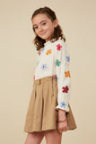 GY8706 Cream Girls Floral Print Gauze Texture Peasant Sleeve Top Side