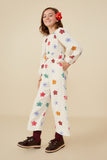 GY8708 Cream Girls Floral Print Gauze Texture Jumpsuit Full Body