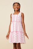 GY8718 Pink Girls Botanical Embroidered Ruffle Tiered Tank Dress Pose 2