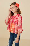 GY8719 PINK MIX Girls Print Blocked Cinch Sleeve Baby Doll Side