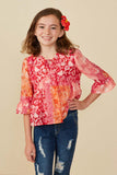 GY8719 PINK MIX Girls Print Blocked Cinch Sleeve Baby Doll Top Pose 2