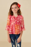 GY8719 PINK MIX Girls Print Blocked Cinch Sleeve Baby Doll Top Front 2