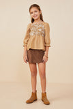 GY8721 Taupe Girls Floral Embroidered Mix Media Peplum Top Full Body