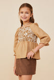 GY8721 Taupe Girls Floral Embroidered Mix Media Peplum Top Side