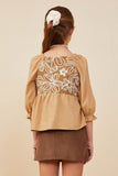 GY8721 Taupe Girls Floral Embroidered Mix Media Peplum Top Back