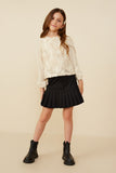 GY8724 OATMEAL Girls Floral Embroidered Textured Puff Sleeve Top Pose