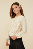 GY8724 OATMEAL Girls Floral Embroidered Textured Puff Sleeve Top Side