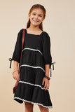 GY8741 Black Girls Wavy Twill Trimmed Square Neck Dress Front