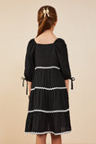 GY8741 Black Girls Wavy Twill Trimmed Square Neck Dress Back