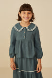 GY8745 Green Girls Wavy Twill Trimmed Peter Pan Collar Gauze Top Front