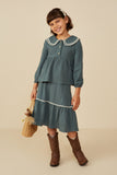 GY8745 Green Girls Wavy Twill Trimmed Peter Pan Collar Gauze Top Pose