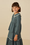 GY8745 Green Girls Wavy Twill Trimmed Peter Pan Collar Gauze Top Side