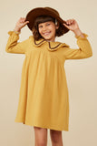 GY8746 MUSTARD Girls Gauze Textured Wavy Trimmed Madeline Dress Front