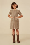 GY8757 Olive Girls Wavy Twill Trimmed Pocketed Checkered Dress Pose