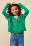 GY8758 Green Girls Ruffle Detail Buttoned Sweater Cardigan Pose 2