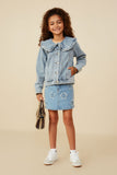 GY8759 Light Denim Girls Exaggerated Ruffle Collar Denim Jacket Pose