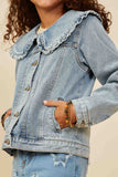 GY8759 Light Denim Girls Exaggerated Ruffle Collar Denim Jacket Detail